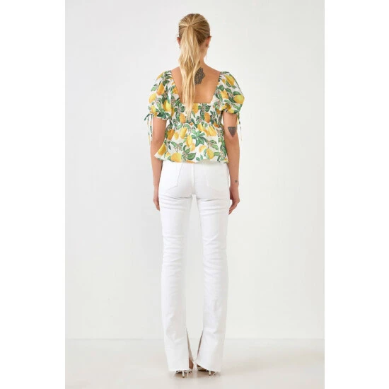 English Factory Lemon Print Puff Sleeve Top Tops Yellow Multi - Image 4