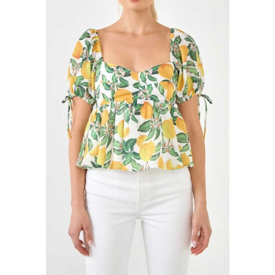 English Factory Lemon Print Puff Sleeve Top Tops Yellow Multi - Image 5