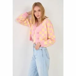 English Factory Knitted Checker Cardigan Sweatshirts & Sweaters Pink/yellow