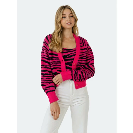 English Factory Tiger Knit Cardigan Sweatshirts & Sweaters Fuchsia/black