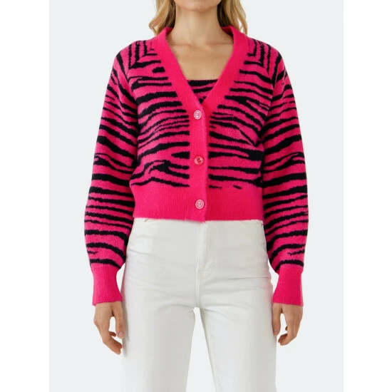 English Factory Tiger Knit Cardigan Sweatshirts & Sweaters Fuchsia/black - Image 5