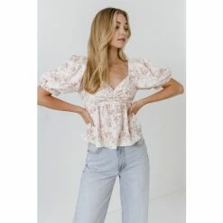English Factory Textured Floral Top Tops Cream