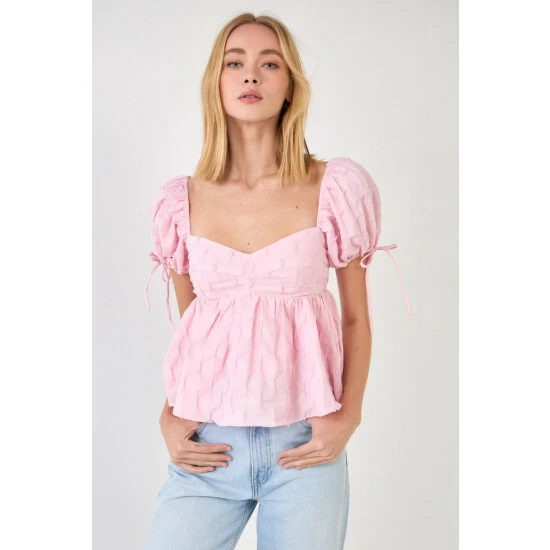English Factory Textured Sweatheart Top Tops Pink
