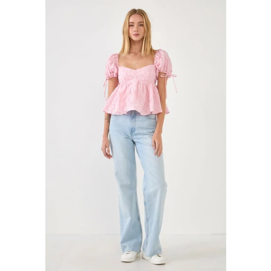 English Factory Textured Sweatheart Top Tops Pink - Image 2