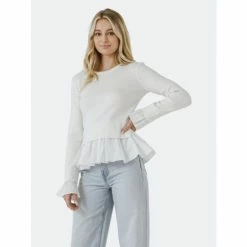 English Factory Mixed Media Long Sleeve Sweater Sweatshirts & Sweaters Ivory