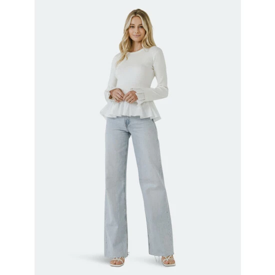 English Factory Mixed Media Long Sleeve Sweater Sweatshirts & Sweaters Ivory - Image 2