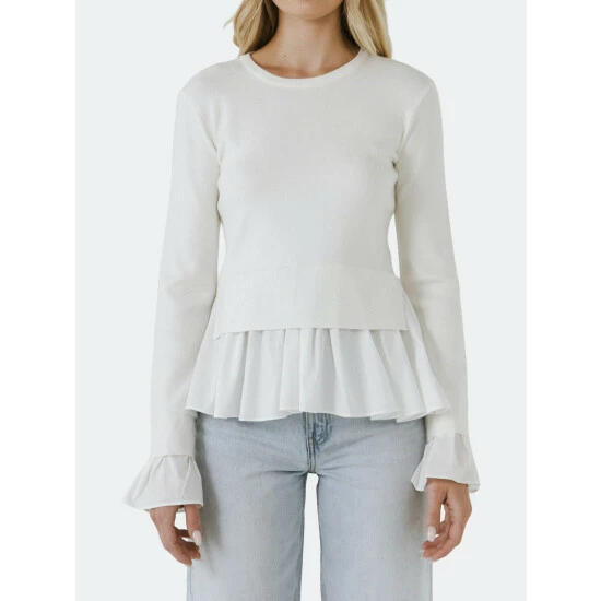 English Factory Mixed Media Long Sleeve Sweater Sweatshirts & Sweaters Ivory - Image 4