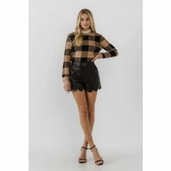 English Factory Lace Detail Checkered Sweater Sweatshirts & Sweaters Tan/black