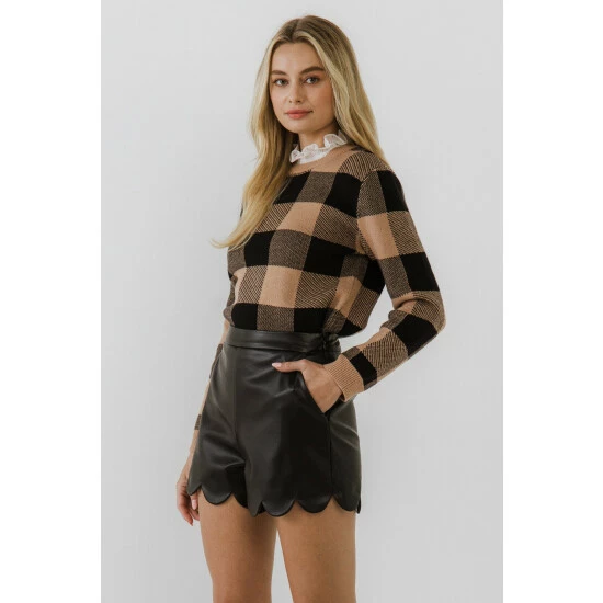 English Factory Lace Detail Checkered Sweater Sweatshirts & Sweaters Tan/black - Image 2