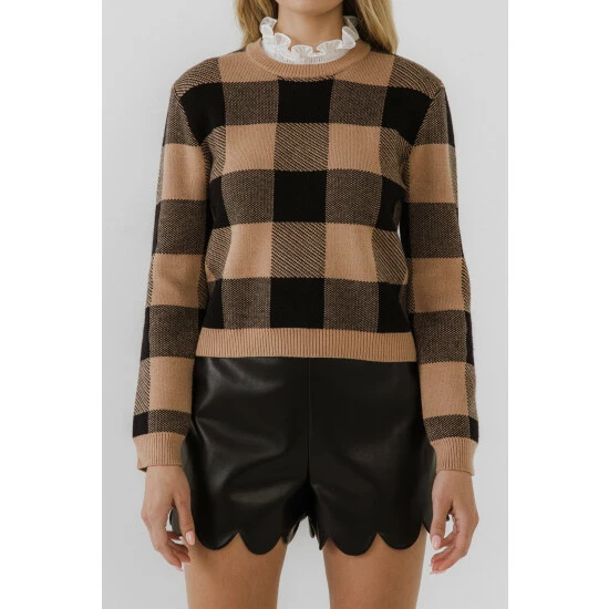 English Factory Lace Detail Checkered Sweater Sweatshirts & Sweaters Tan/black - Image 4