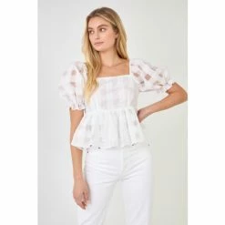 English Factory Checker Organza Top Tops White