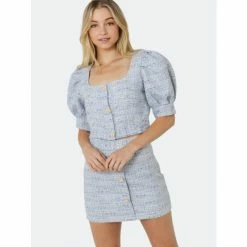 English Factory Button-Down Tweed Cropped Top Tops Blue