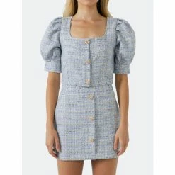 English Factory Button-Down Tweed Cropped Top Tops Blue -English Factory Shop unnamed file 2745