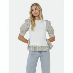 English Factory Mixed Media Floral Puff Sleeve Top Tops Ivory Multi