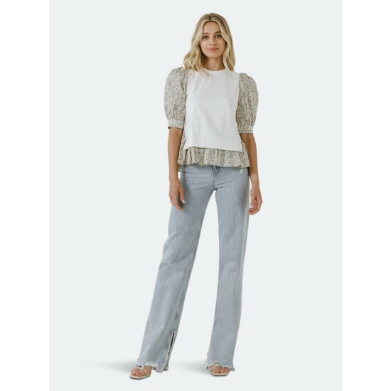 English Factory Mixed Media Floral Puff Sleeve Top Tops Ivory Multi - Image 2