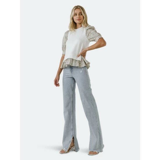 English Factory Mixed Media Floral Puff Sleeve Top Tops Ivory Multi - Image 3