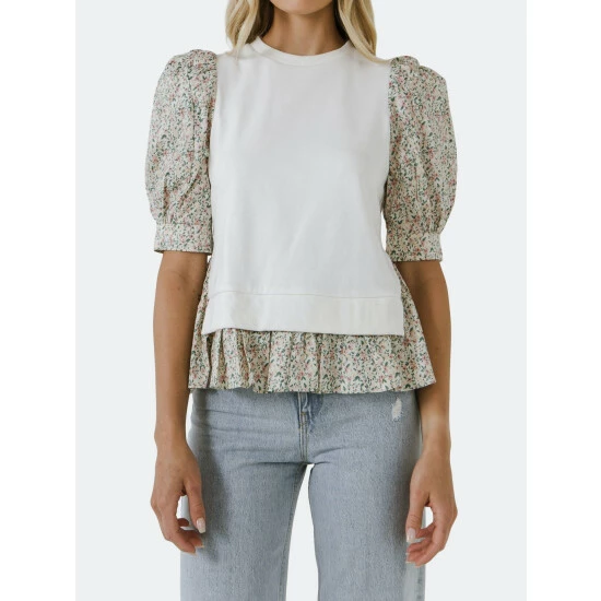 English Factory Mixed Media Floral Puff Sleeve Top Tops Ivory Multi - Image 5