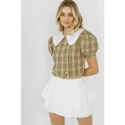English Factory Oversized Collar Check Top Tops Taupe