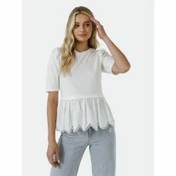 English Factory Mixed Media Eyelet Scallop Top Tops White