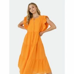 English Factory Ruffle Detail Button Down Midi Dress Dresses Orange