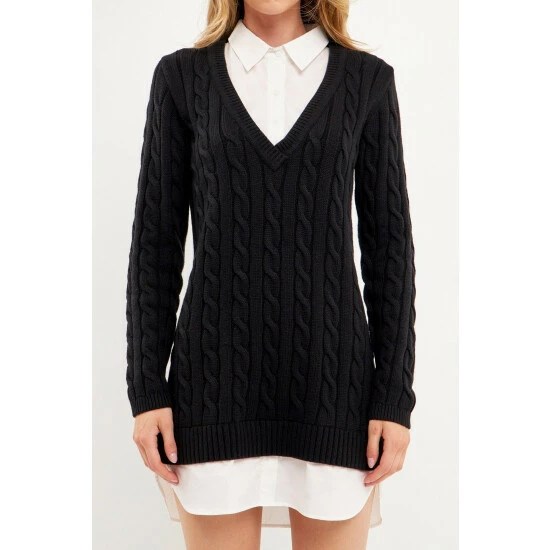 English Factory Mixed Media Cable Knit Sweater Dress Dresses Grey - Image 9