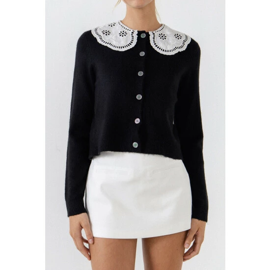 English Factory Lace Collar Cardigan Tops Black