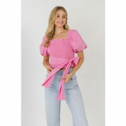 English Factory Waist Bow Tie Smocked Top Tops Pink