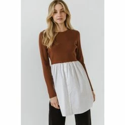 English Factory Shirt Detail Knit Top Tops Brown