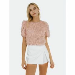 English Factory Fuzzy Feather Top Tops Blush