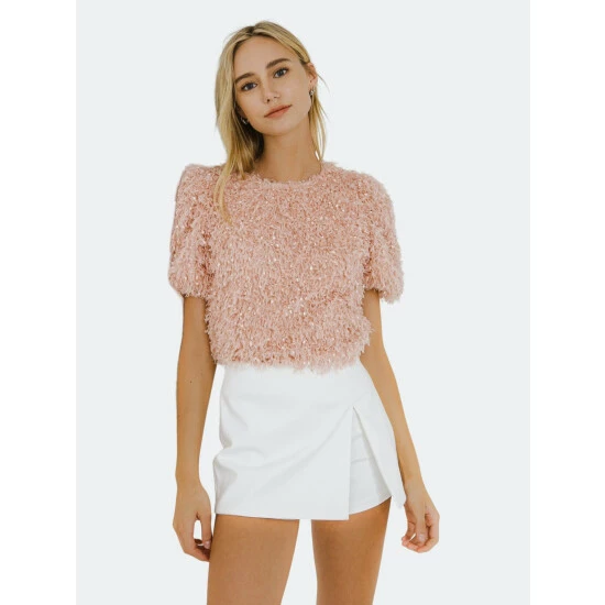 English Factory Fuzzy Feather Top Tops Blush