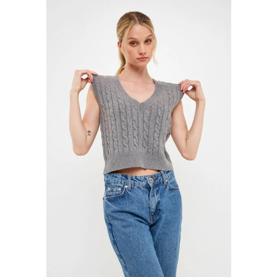 English Factory Cable Knit Chunky Sweater Vest Sweatshirts & Sweaters Grey - Image 3