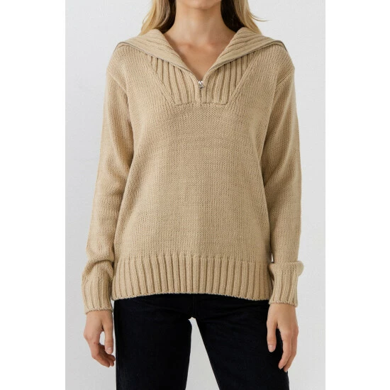 English Factory Solid Knit Zip Pullover Sweatshirts & Sweaters Taupe 3 English Factory Solid Knit Zip Pullover Sweatshirts & Sweaters Taupe - Image 3