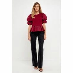 English Factory Puff Sleeve Mixed Media Top Tops Burgundy