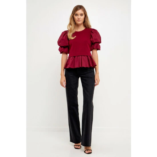 English Factory Puff Sleeve Mixed Media Top Tops Burgundy