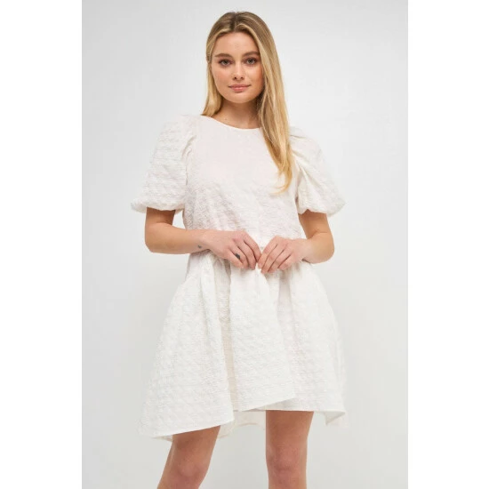 English Factory Back Tie Jacquard Puff Dress Dresses White