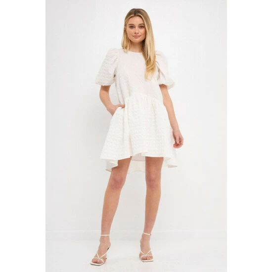 English Factory Back Tie Jacquard Puff Dress Dresses White - Image 2