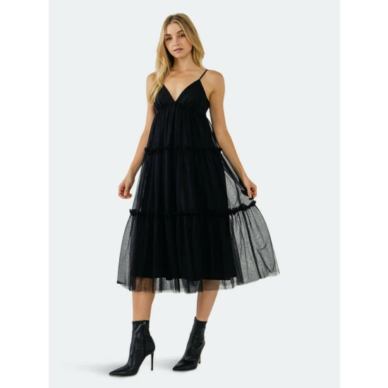 English Factory Tulle Contrast Midi Dress Dresses Black - Image 2