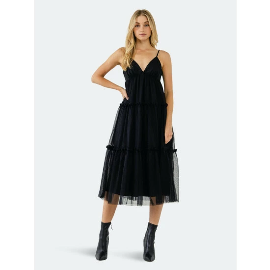 English Factory Tulle Contrast Midi Dress Dresses Black - Image 3