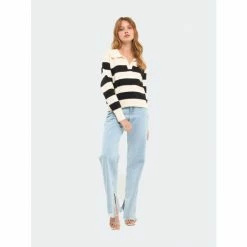 English Factory Stripe V-neckline With Collar Sweater Sweatshirts & Sweaters Cream/black