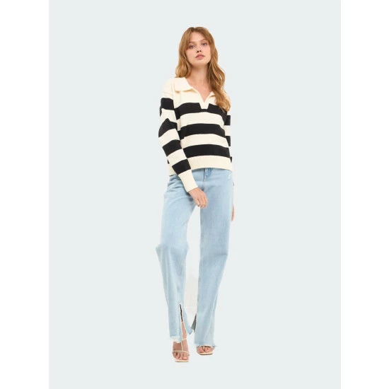 English Factory Stripe V-neckline With Collar Sweater Sweatshirts & Sweaters Cream/black