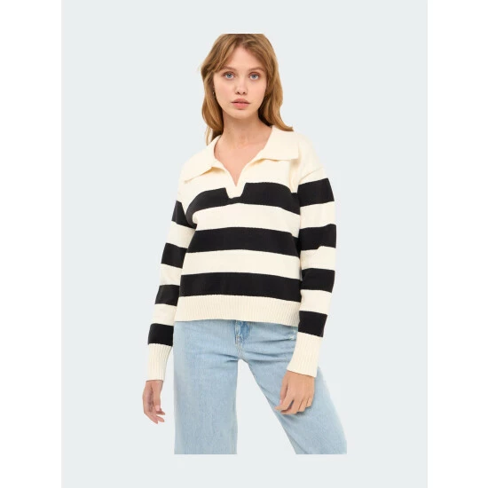 English Factory Stripe V-neckline With Collar Sweater Sweatshirts & Sweaters Cream/black - Image 2