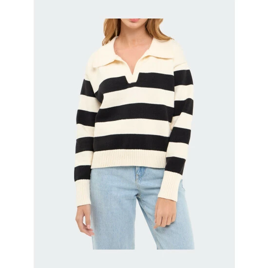 English Factory Stripe V-neckline With Collar Sweater Sweatshirts & Sweaters Cream/black - Image 3
