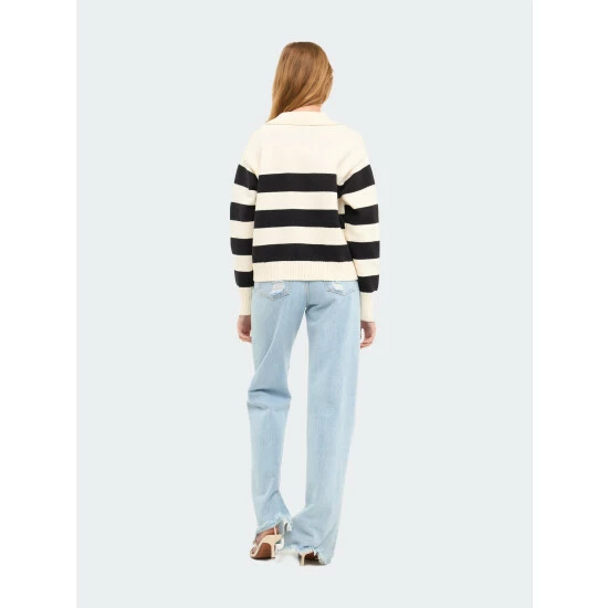 English Factory Stripe V-neckline With Collar Sweater Sweatshirts & Sweaters Cream/black - Image 5
