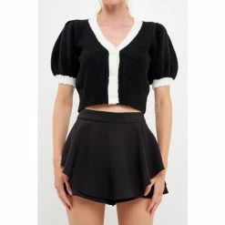 English Factory Color Block Short Puff Sleeve Sweater Sweatshirts & Sweaters Black/white