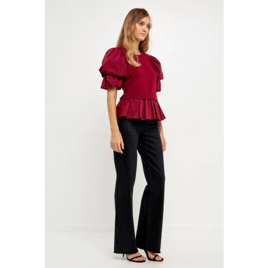 English Factory Puff Sleeve Mixed Media Top Tops Burgundy - Image 2
