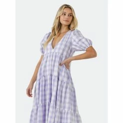 English Factory Gingham Puff Sleeve Tiered Midi Dresses Lavender