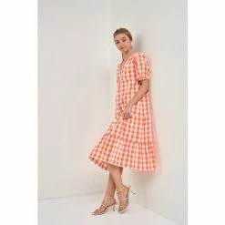 English Factory Gingham Check Midi Dress Dresses Orange