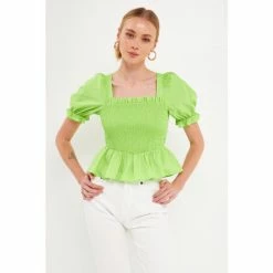 English Factory Puff Sleeve Top With Square Neckline Tops Chartreuse