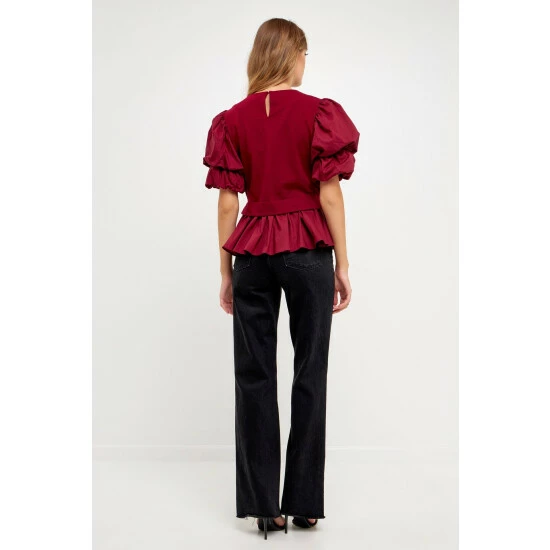 English Factory Puff Sleeve Mixed Media Top Tops Burgundy - Image 3