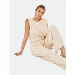 English Factory Shoulder Pad Jumpsuit With Smocked Waist Jumpsuits & Rompers Cream